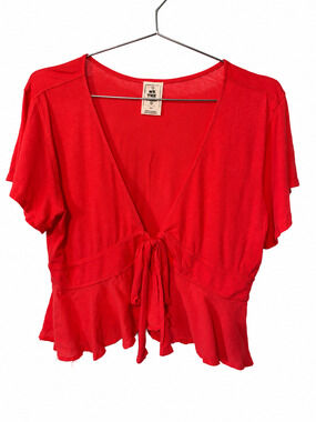 We The Free People Red V Neck Tie Front Ruffle Peplum Top Womens S